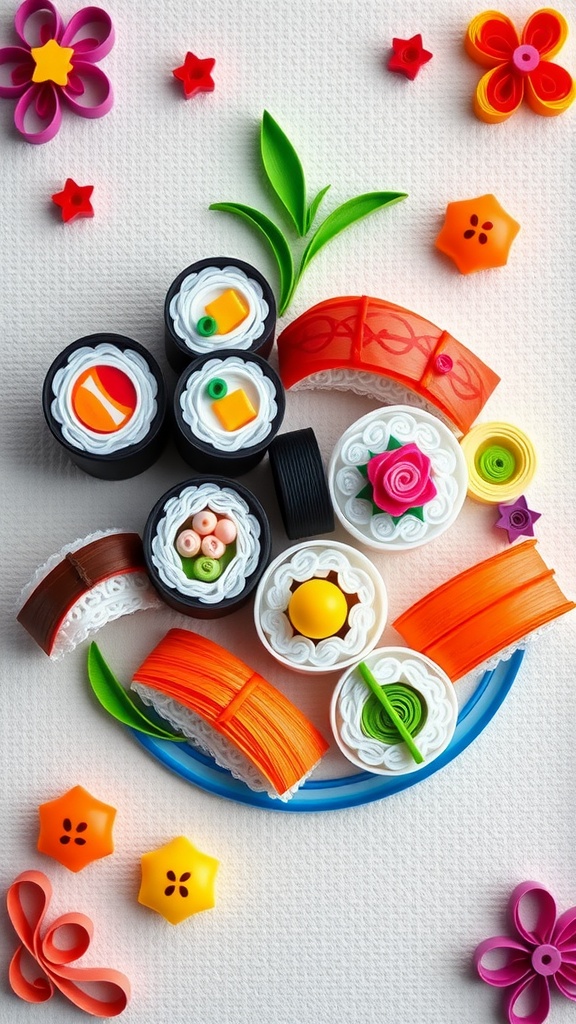 Colorful quilling art of sushi rolls made from paper strips on a textured background.